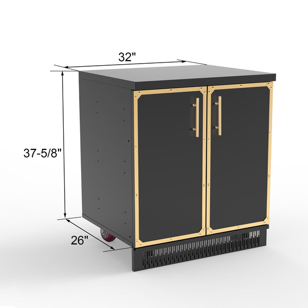 A black stainless steel 2-door cabinet with gold trim and red caster wheels.