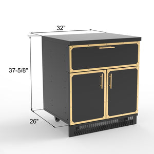 A black stainless steel outdoor kitchen cabinet with one drawer and two doors, featuring gold accents and a vent at the bottom.