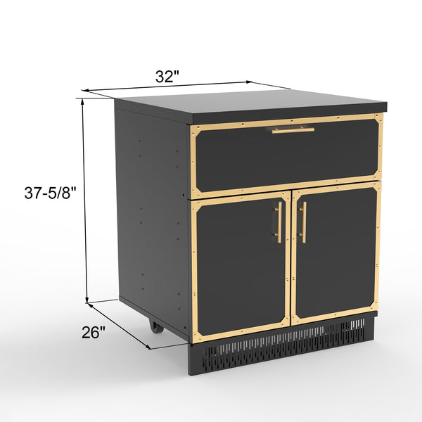 A black stainless steel outdoor kitchen cabinet with one drawer and two doors, featuring gold accents and a vent at the bottom.