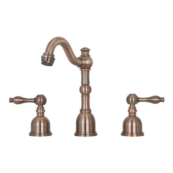 A polished copper finish, widespread two-handle bathroom sink faucet with a high arch faucet spout and two lever handles.