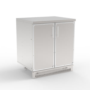 A silver stainless steel 2-door cabinet suitable for outdoor kitchen use, showing a front view with both doors closed.