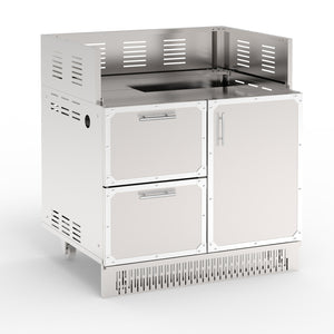 A stainless steel outdoor grill cabinet with a single door on the right side and two large drawers on the left, featuring a front-mounted handle and set against a white background.