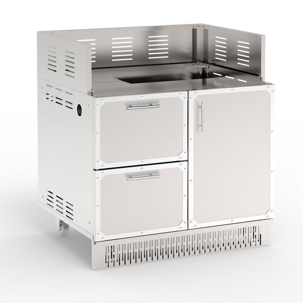 A stainless steel outdoor grill cabinet with a single door on the right side and two large drawers on the left, featuring a front-mounted handle and set against a white background.