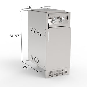 A stainless steel outdoor kitchen dual side burner with a cabinet. The product is designed with two knobs on top and a metallic finish.