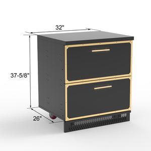 A stainless steel outdoor kitchen cabinet with two doors and gold-colored handles.