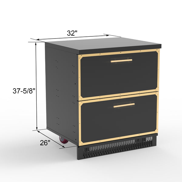 A stainless steel outdoor kitchen cabinet with two doors and gold-colored handles.