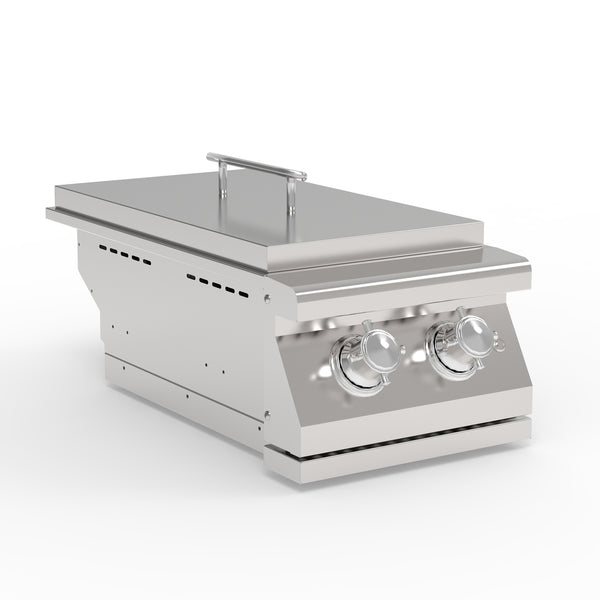 A stainless steel outdoor kitchen side burner with dual knobs and a closed lid.