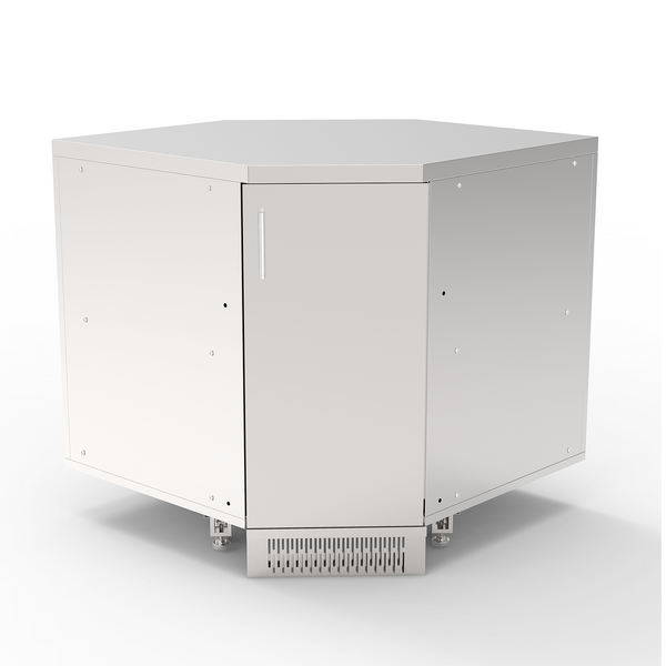 A white stainless steel corner cabinet for outdoor kitchens.