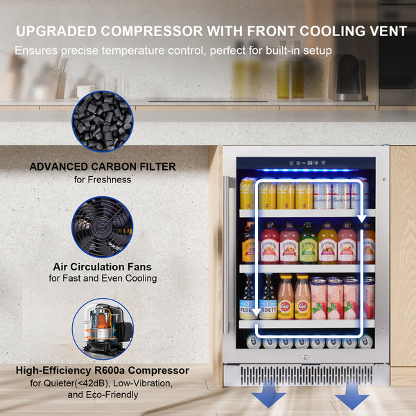 Beverage cooler with features highlighted on a kitchen background