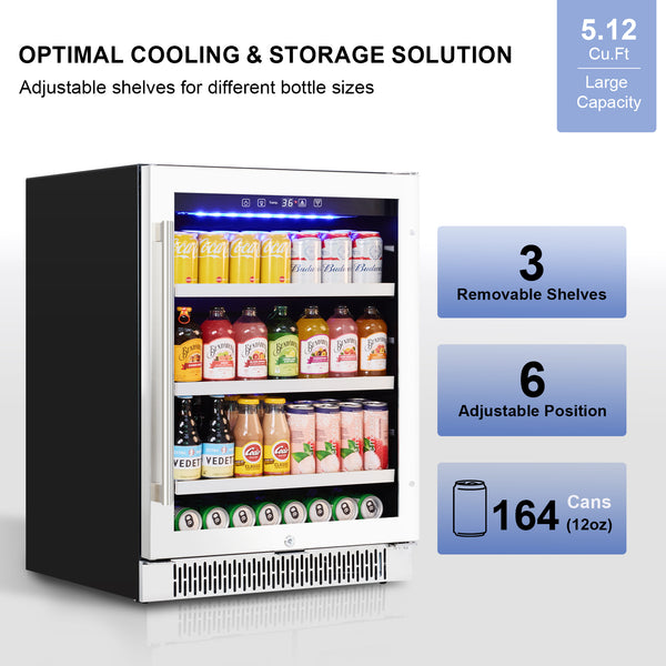 Beverage cooler with shelves displaying drinks, labeled with features like capacity and shelf options.