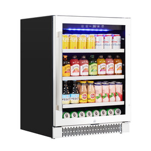 Beverage cooler with various drinks on a white background