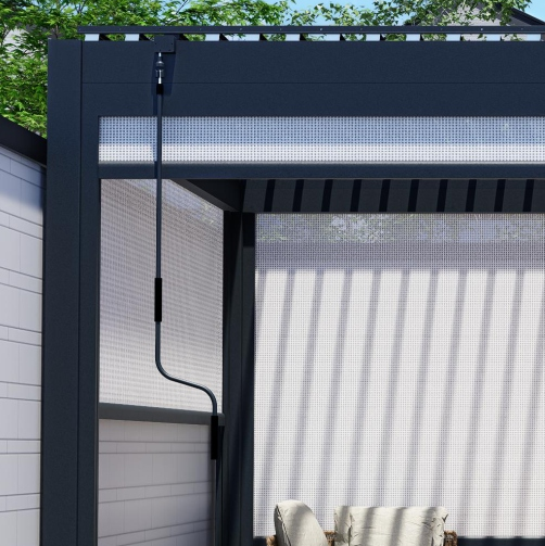 Black pergola with a mesh canopy over outdoor furniture