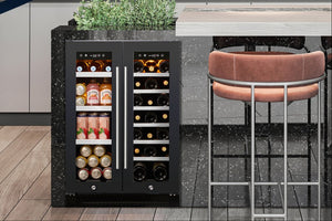 Black wine cooler with drinks next to a bar stool in a modern kitchen setting
