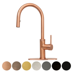 Copper pull out kitchen faucet with deck plate, depicted in various color swatches beside the image.