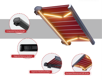 Electric retractable awning with light on a patio setting, featuring LICHEN brand.