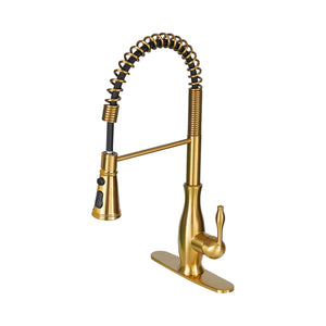 Gold kitchen faucet with pull-down spray head on a white background