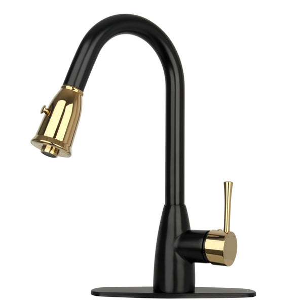 A Two-Tone Matte Black & Gold Pull Out Kitchen Faucet with Deck Plate, showing the faucet in a bent position with gold-colored accents and a single lever handle.