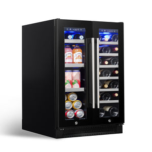 A black dual-zone wine and beverage refrigerator with glass doors, illuminated by LED lights, displaying various bottles and cans.