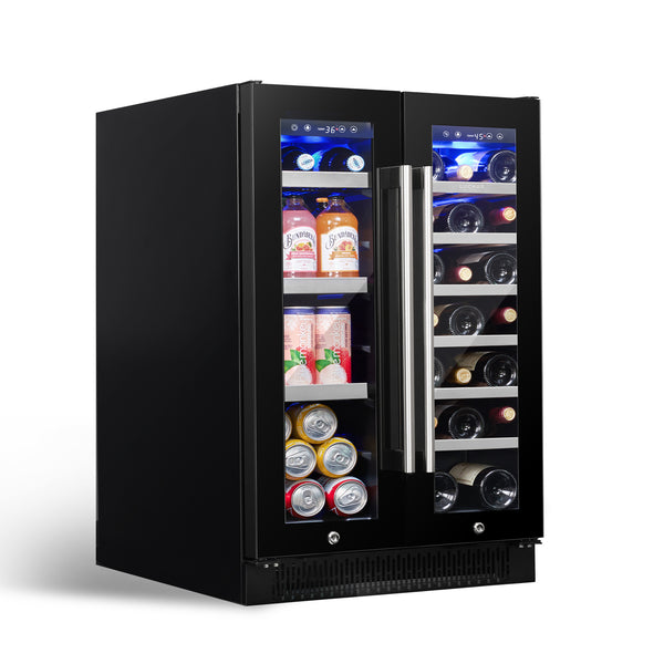 A black dual-zone wine and beverage refrigerator with glass doors, illuminated by LED lights, displaying various bottles and cans.