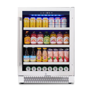 A Luchar 24 Inch Beverage Refrigerator with glass door, displaying various beverages inside. The appliance has a stainless steel finish and LED lights visible through the glass.