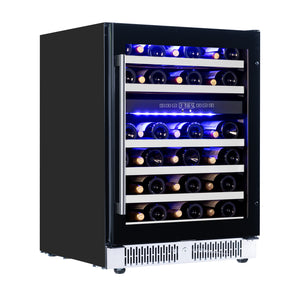 A black dual zone wine fridge with multiple shelves filled with wine bottles, illuminated by LED lights from the inside.