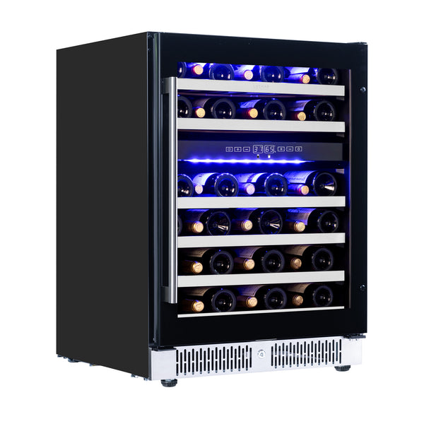 A black dual zone wine fridge with multiple shelves filled with wine bottles, illuminated by LED lights from the inside.