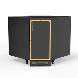 A black stainless steel corner cabinet with a gold trim, designed for outdoor kitchens.