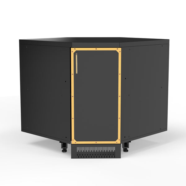A black stainless steel corner cabinet with a gold trim, designed for outdoor kitchens.