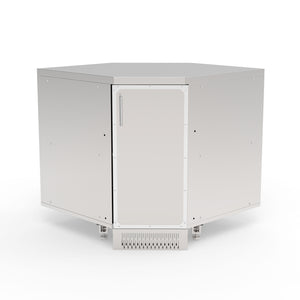 A white stainless steel corner cabinet for outdoor kitchens with a closed door and visible ventilation at the bottom.