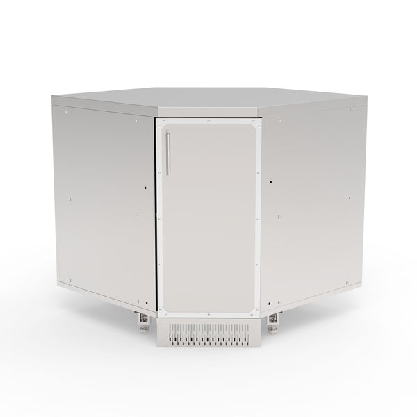 A white stainless steel corner cabinet for outdoor kitchens with a closed door and visible ventilation at the bottom.