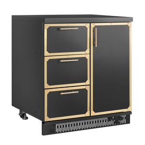 Black and gold cabinet with drawers and a door on a white background
