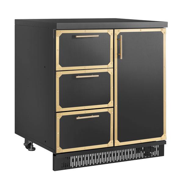 Black and gold cabinet with drawers and a door on a white background