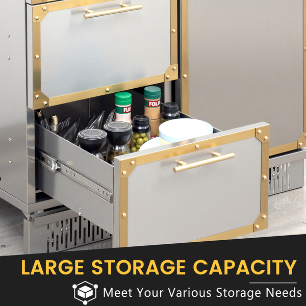 Open kitchen drawer with various items inside, labeled 'Large Storage Capacity' on a black background.