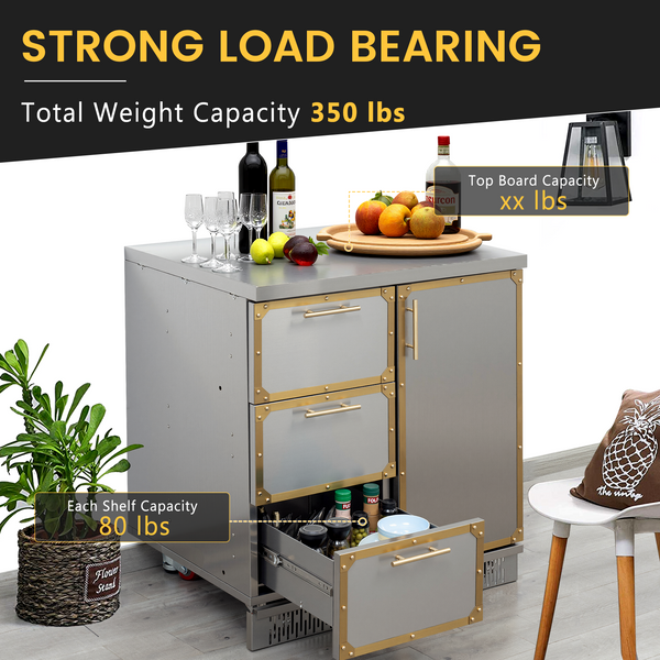 Metal cabinet with open drawer displaying 'Strong Load Bearing' text and weight capacity details.
