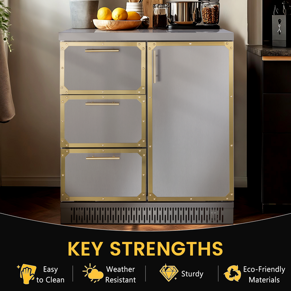Modern kitchen cabinet with gold accents on a kitchen counter.