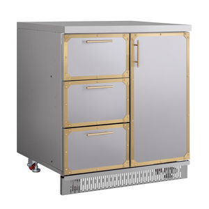 Stainless steel outdoor refrigerator with gold accents on a white background