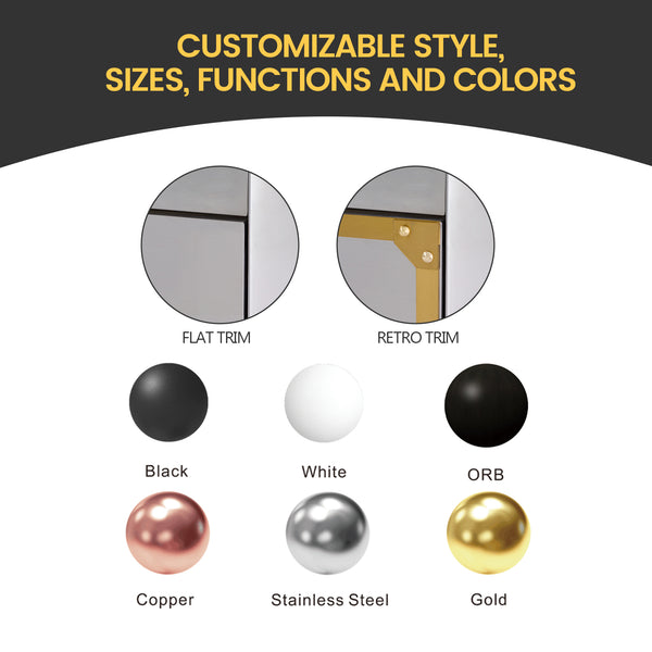 Product customization options with flat trim, retro trim, and color choices including black, white, ORB, copper, stainless steel, and gold.