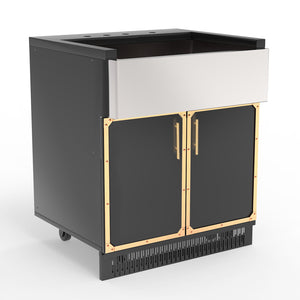 A black and gold stainless steel outdoor kitchen sink cabinet with closed doors and a visible shelf.