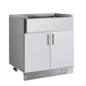 Stainless steel outdoor kitchen cabinet with two doors on a white background