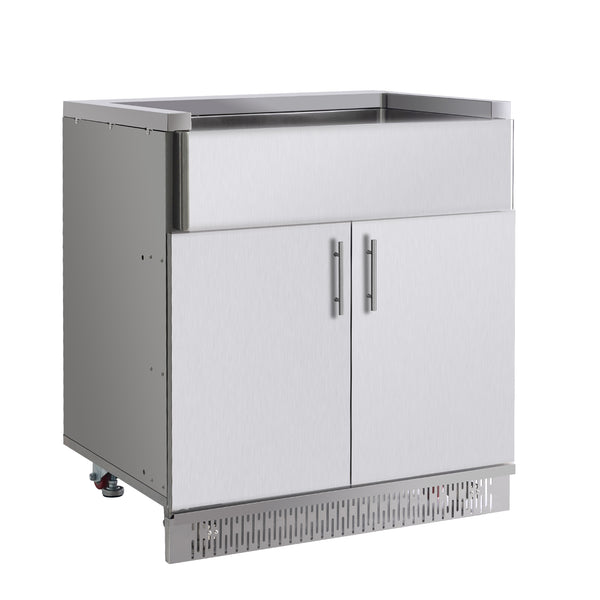 Stainless steel outdoor kitchen cabinet with two doors on a white background