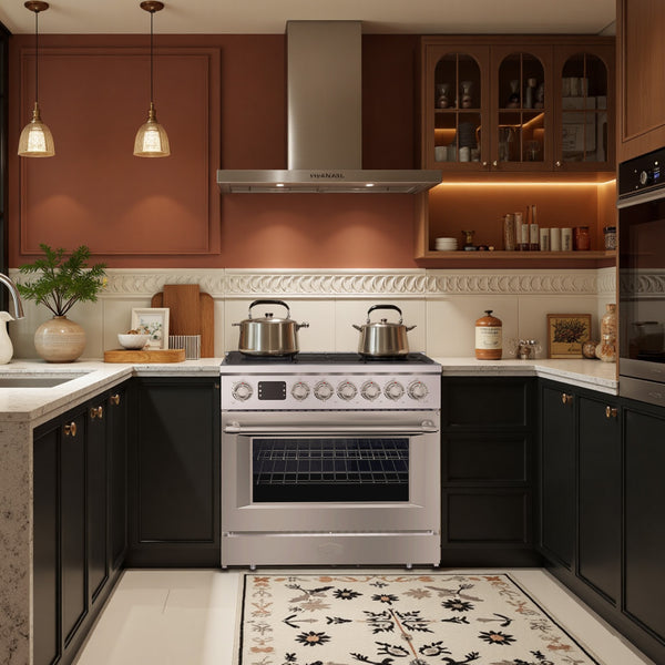 Modern kitchen with stainless steel oven, black cabinets, and decorative rug.