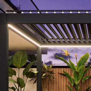 Modern pergola with plants and a purple sky