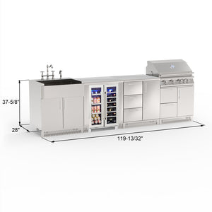 Outdoor kitchen island with sink, refrigerator, and grill on a white background