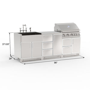 Outdoor kitchen island with grill and sink, featuring dimensions on a white background