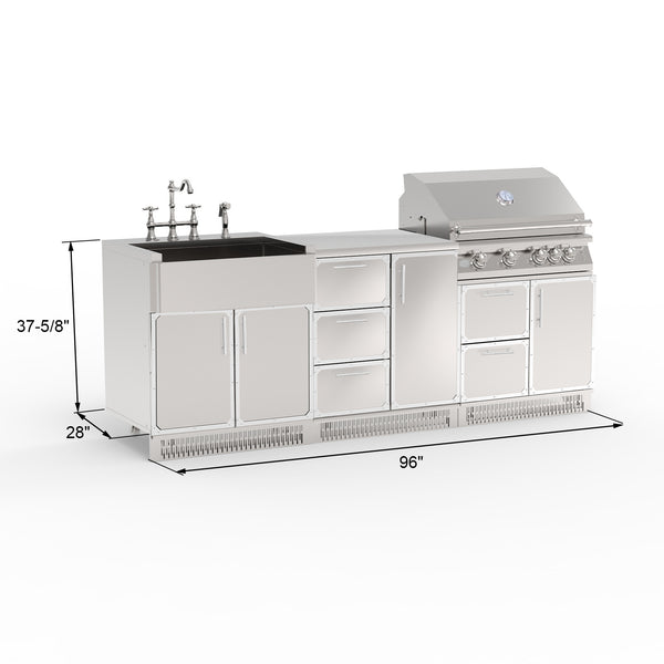 Outdoor kitchen island with grill and sink, featuring dimensions on a white background