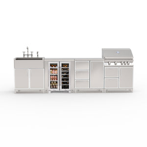 Outdoor kitchen with refrigerator, wine cooler, and grill on a white background
