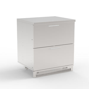 A white stainless steel outdoor kitchen cabinet with two drawers and a vent at the bottom.