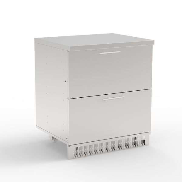 A white stainless steel outdoor kitchen cabinet with two drawers and a vent at the bottom.