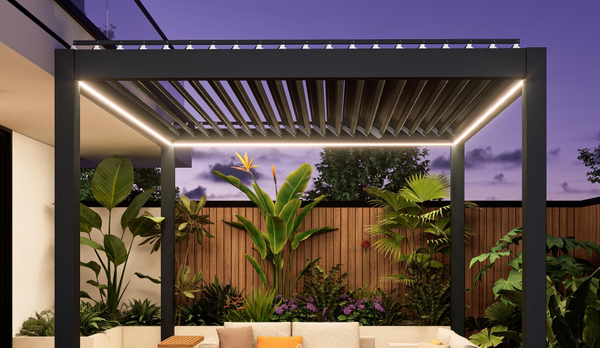 Pergola with LED lights in a garden setting at night