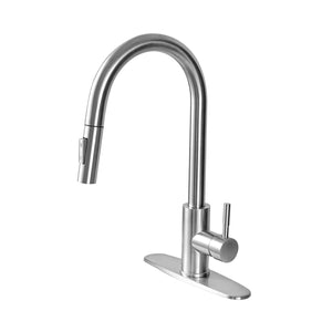 Stainless steel kitchen faucet on a white background